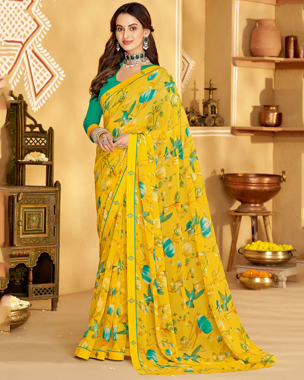 Vishal Prints Dark Yellow Printed Georgette Saree With Fancy Border