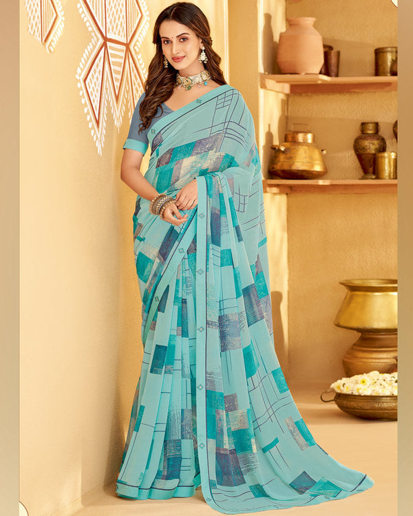 Vishal Prints Pastel Teal Green Printed Georgette Saree With Fancy Border