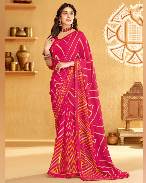 Vishal Prints Amaranth Pink Printed Georgette Saree With Fancy Border