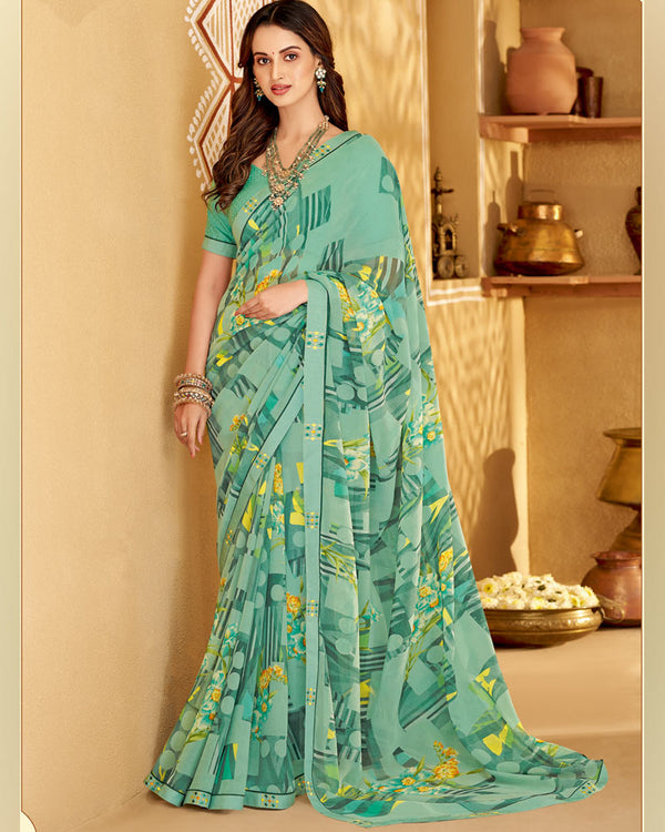 Vishal Prints Light Teal Green Printed Georgette Saree With Fancy Border