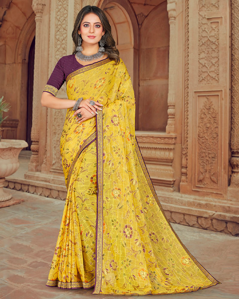 Vishal Prints Yellow Printed Brasso Saree With Foil Print And Zari Border