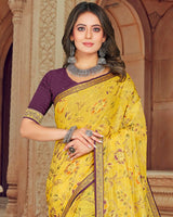 Vishal Prints Yellow Printed Brasso Saree With Foil Print And Zari Border