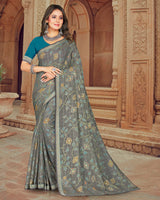 Vishal Prints Charcoal Grey Printed Brasso Saree With Foil Print And Zari Border