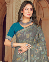 Vishal Prints Charcoal Grey Printed Brasso Saree With Foil Print And Zari Border