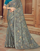 Vishal Prints Charcoal Grey Printed Brasso Saree With Foil Print And Zari Border