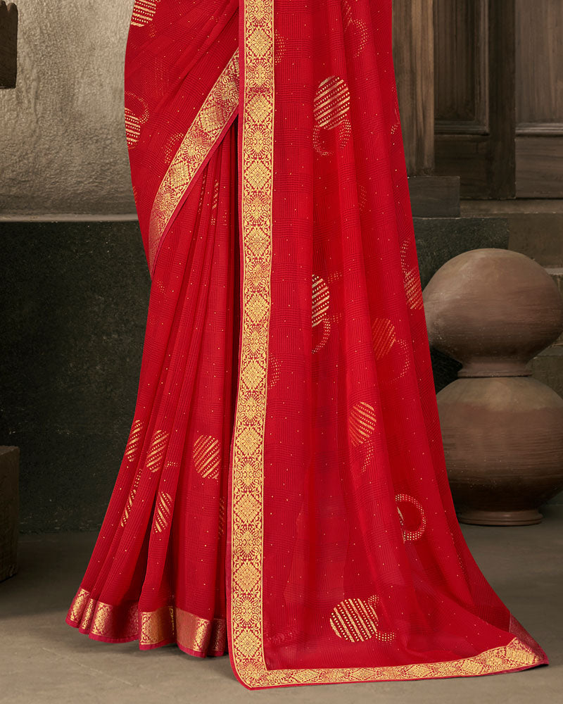 Vishal Prints Red Georgette Saree With Foil Print And Zari Border