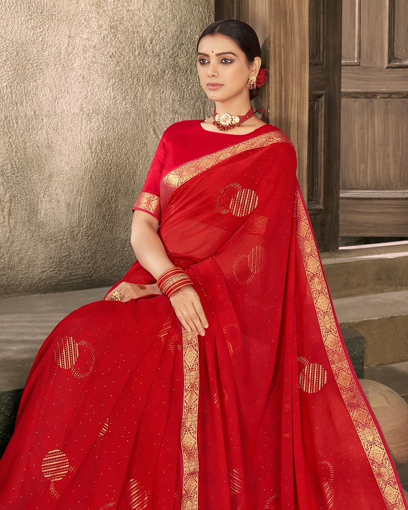 Vishal Prints Red Georgette Saree With Foil Print And Zari Border