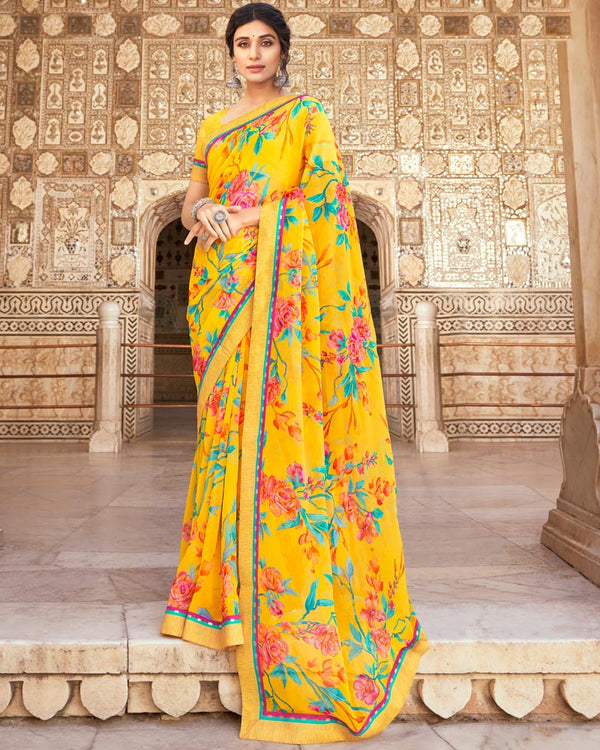 Vishal Prints Yellow Printed Georgette Saree With Foil Work And Fancy Border