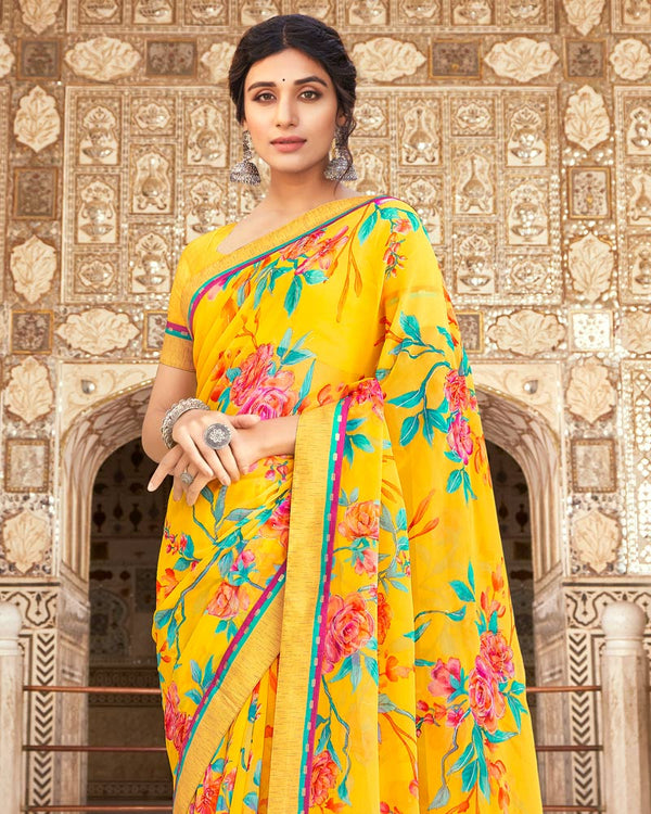 Vishal Prints Yellow Printed Georgette Saree With Foil Work And Fancy Border