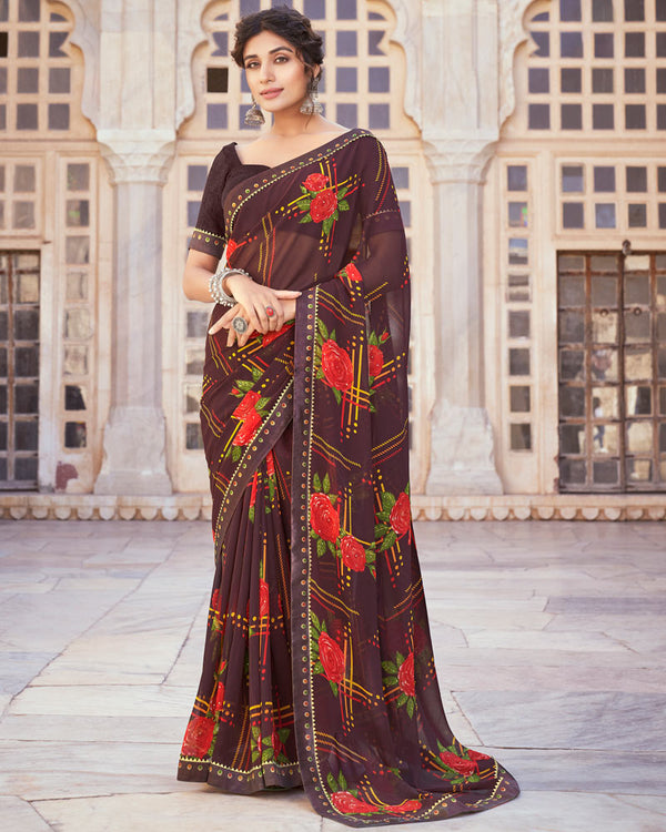 Vishal Prints Wine Printed Georgette Saree With Foil Work And Fancy Border