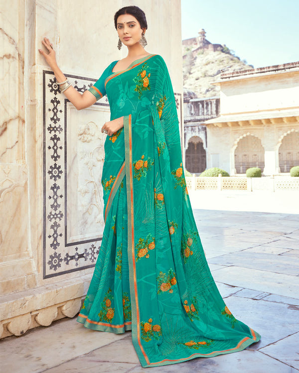 Vishal Prints Aqua Green Printed Georgette Saree With Foil Work And Fancy Border