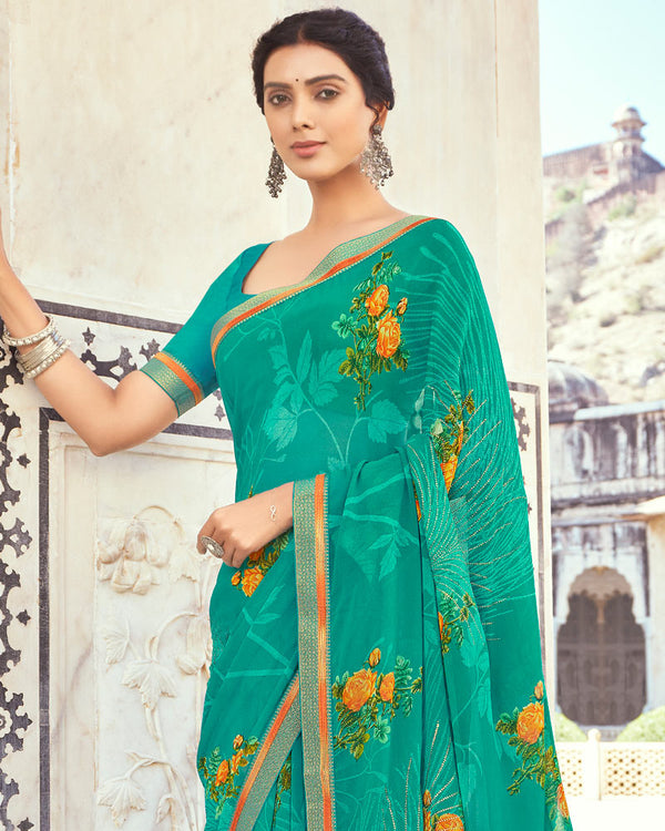 Vishal Prints Aqua Green Printed Georgette Saree With Foil Work And Fancy Border