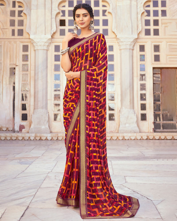 Vishal Prints Wine Printed Georgette Saree With Foil Work And Fancy Border