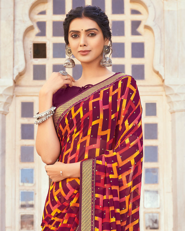 Vishal Prints Wine Printed Georgette Saree With Foil Work And Fancy Border