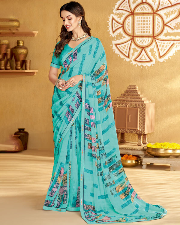 Vishal Prints Turquoise Blue Printed Georgette Saree With Fancy Border