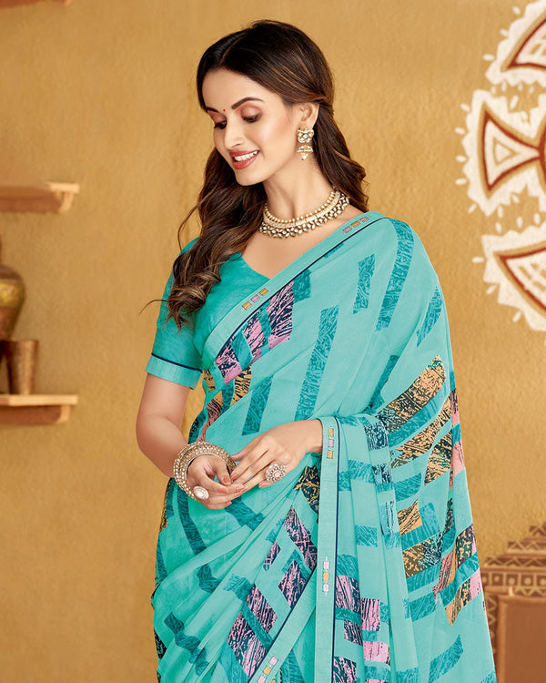 Vishal Prints Turquoise Blue Printed Georgette Saree With Fancy Border