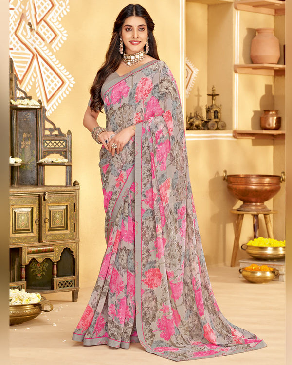 Vishal Prints Silver Printed Georgette Saree With Fancy Border