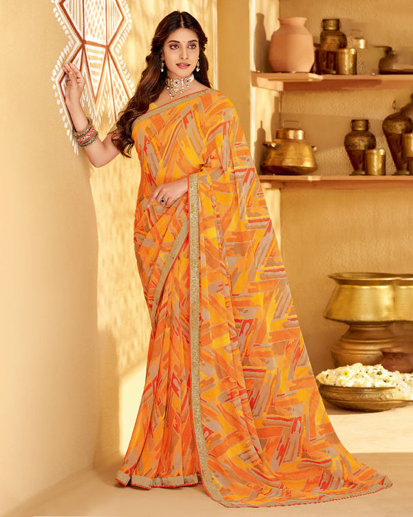 Vishal Prints Saffron Color Printed Georgette Saree With Fancy Border