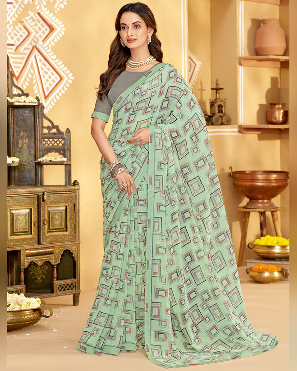 Vishal Prints Turquoise Green Printed Georgette Saree With Fancy Border