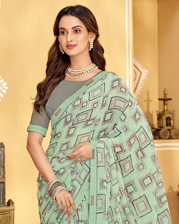 Vishal Prints Turquoise Green Printed Georgette Saree With Fancy Border