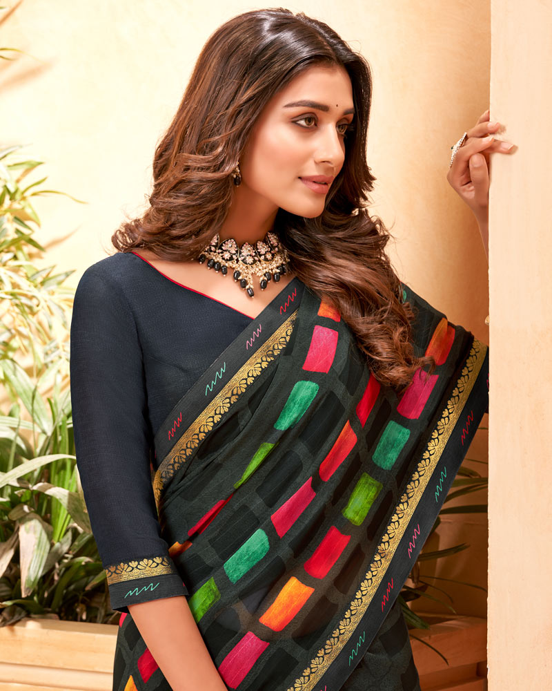 Vishal Prints Black Fancy Georgette Saree With Border