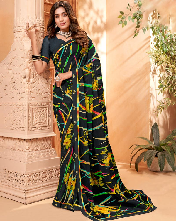 Vishal Prints Black Fancy Georgette Saree With Border