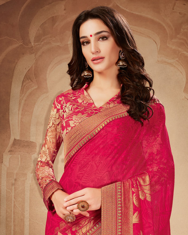 Vishal Prints Red Pink Printed Georgette Saree With Foil Print And Zari Border