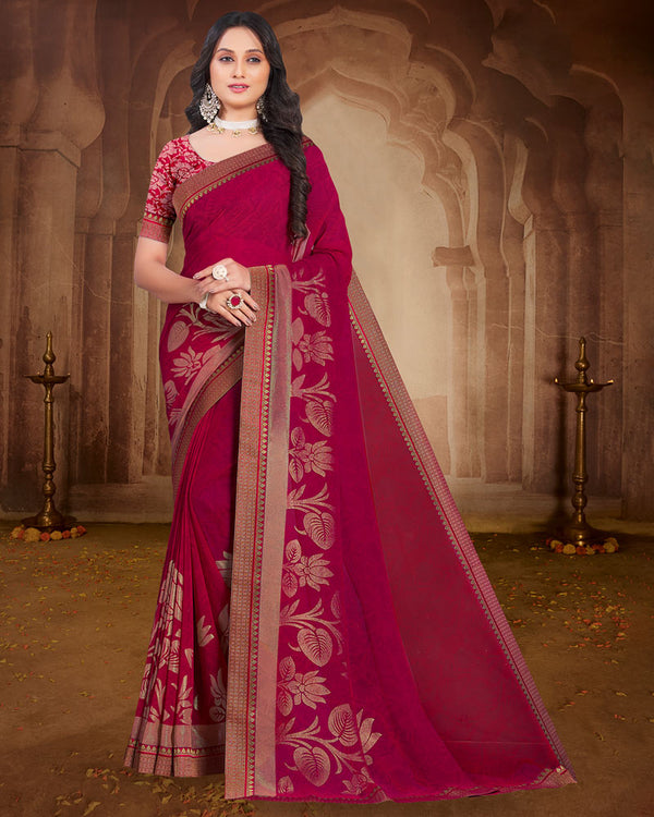 Vishal Prints Burgundy Printed Georgette Saree With Foil Print And Zari Border