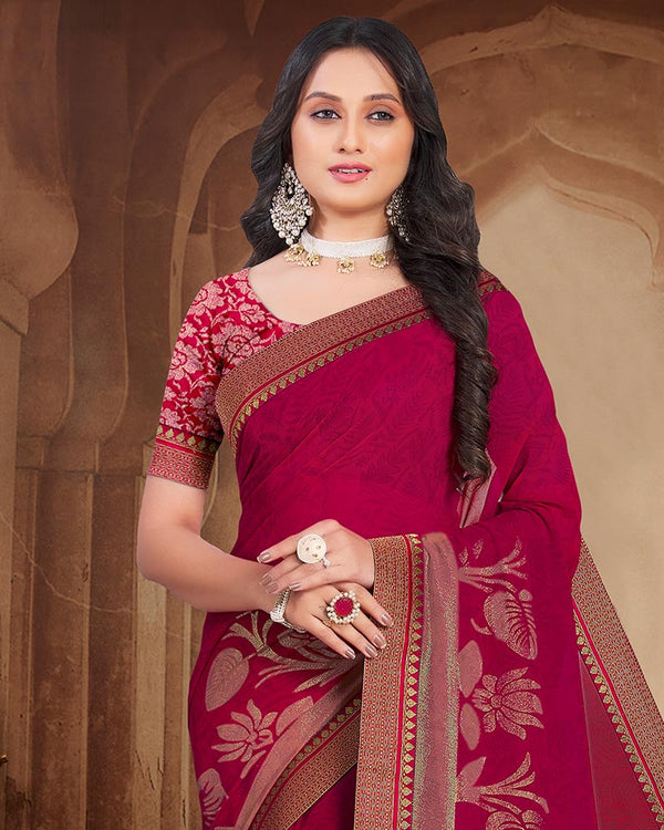 Vishal Prints Burgundy Printed Georgette Saree With Foil Print And Zari Border