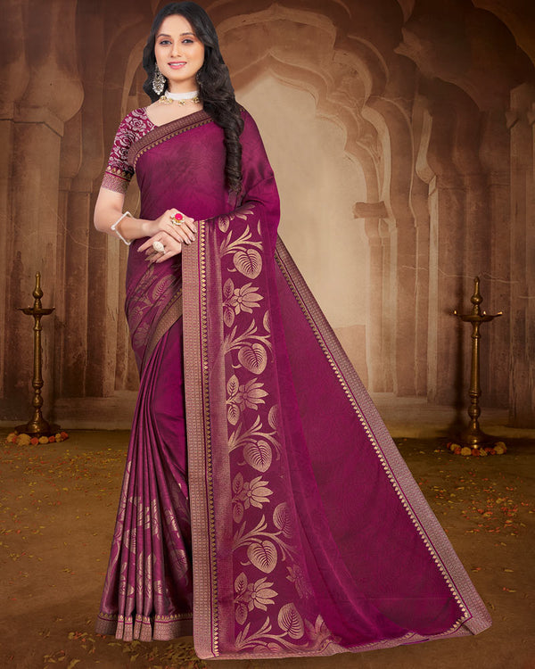 Vishal Prints Wine Printed Georgette Saree With Foil Print And Zari Border