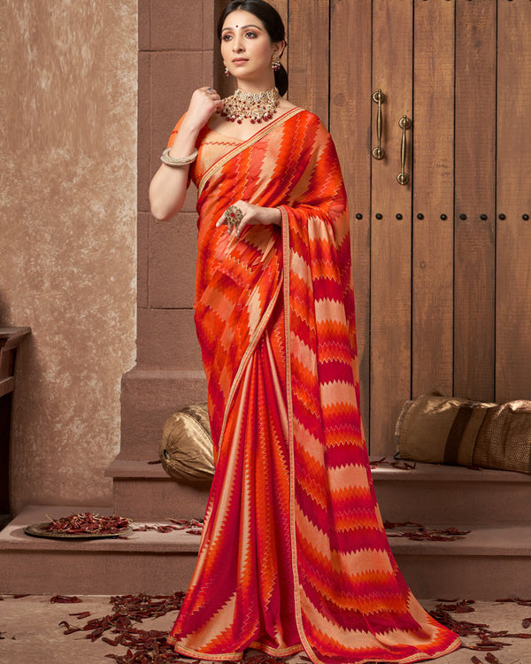 Vishal Prints Tomato Red Designer Chiffon Brasso Saree With Fancy Diamond Piping