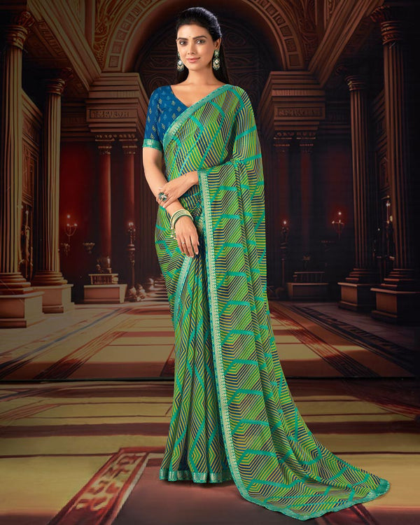 Vishal Prints Aqua Green Printed Moss Chiffon Saree With Fancy Border