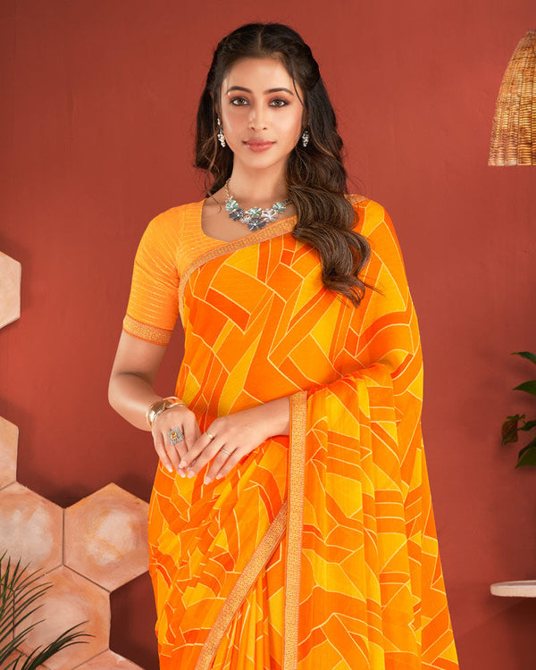 Vishal Prints Yellowish Orange Printed Chiffon Saree With Zari Border