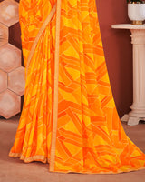 Vishal Prints Yellowish Orange Printed Chiffon Saree With Zari Border