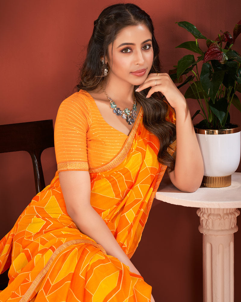 Vishal Prints Yellowish Orange Printed Chiffon Saree With Zari Border