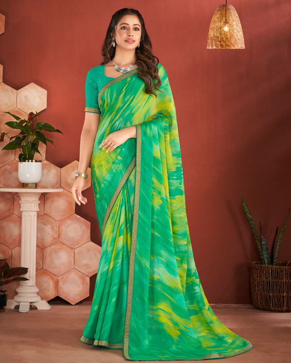 Vishal Prints Dark Mint Green Printed Chiffon Saree With Zari Border