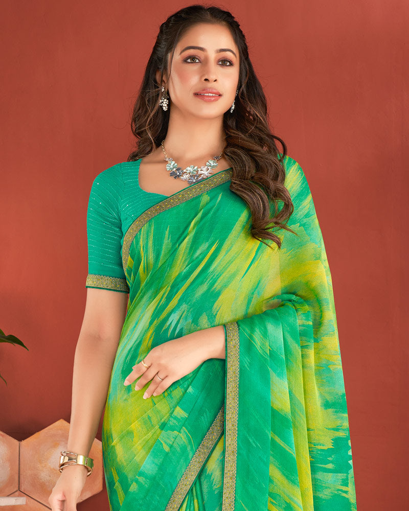 Vishal Prints Dark Mint Green Printed Chiffon Saree With Zari Border