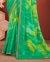 Vishal Prints Dark Mint Green Printed Chiffon Saree With Zari Border