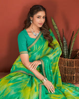 Vishal Prints Dark Mint Green Printed Chiffon Saree With Zari Border