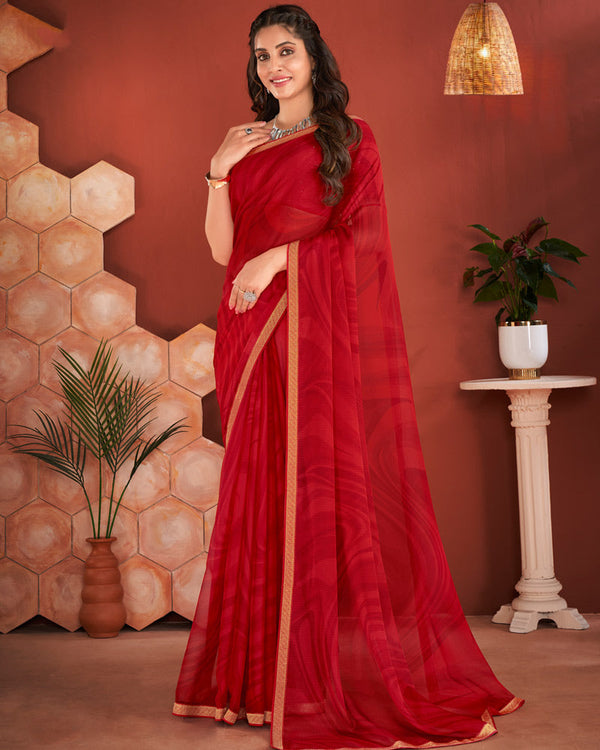 Vishal Prints Cherry Red Printed Chiffon Saree With Zari Border