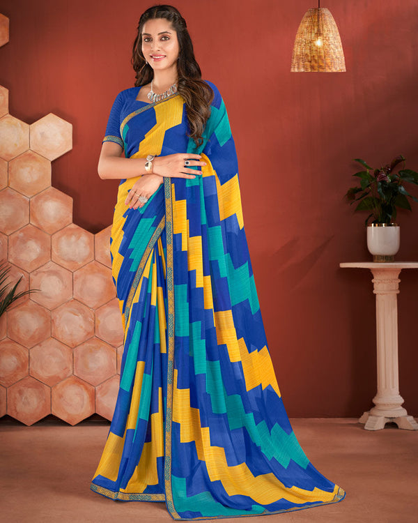 Vishal Prints Dark Blue Printed Chiffon Saree With Zari Border