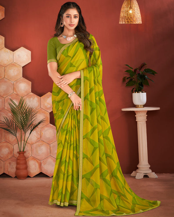 Vishal Prints Mehandi Green Printed Chiffon Saree With Zari Border