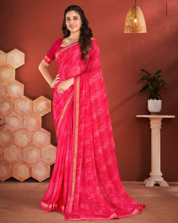 Vishal Prints Red Pink Printed Chiffon Saree With Zari Border