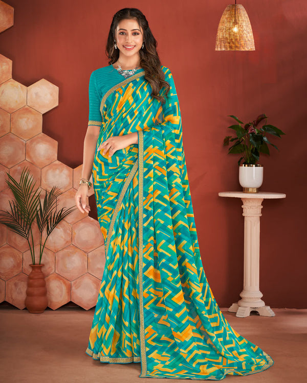 Vishal Prints Teal Blue Printed Chiffon Saree With Zari Border