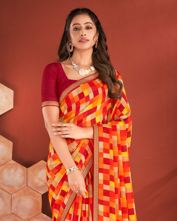 Vishal Prints Burgundy Printed Chiffon Saree With Zari Border