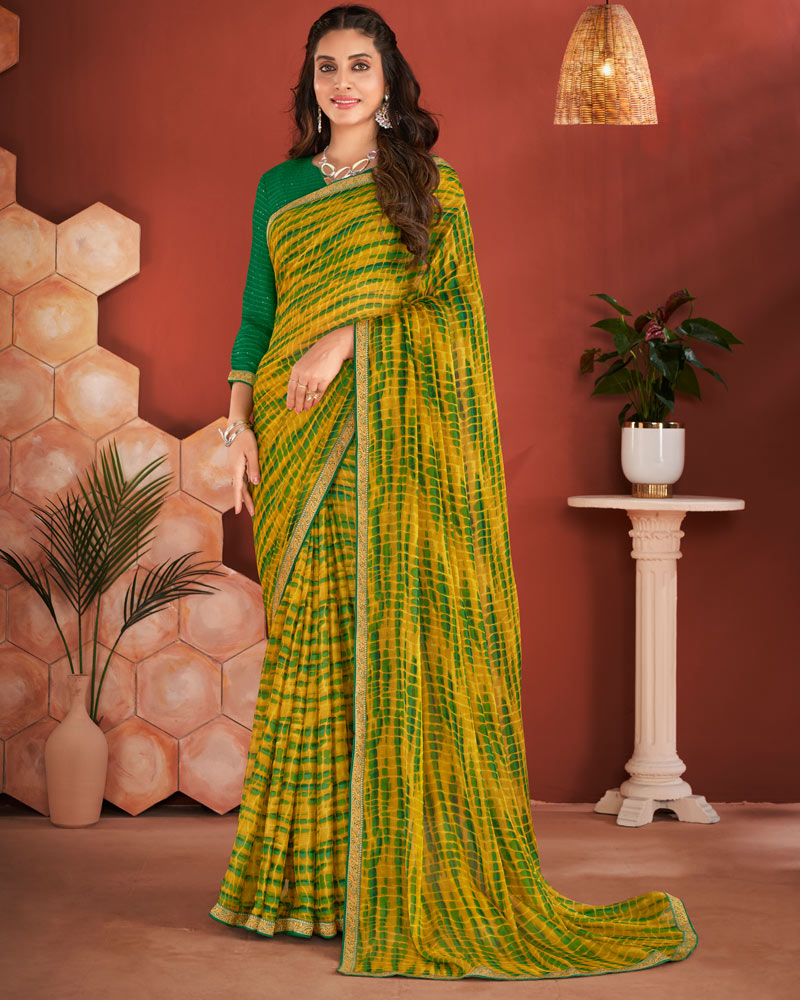 Vishal Prints Olive Green Printed Chiffon Saree With Zari Border