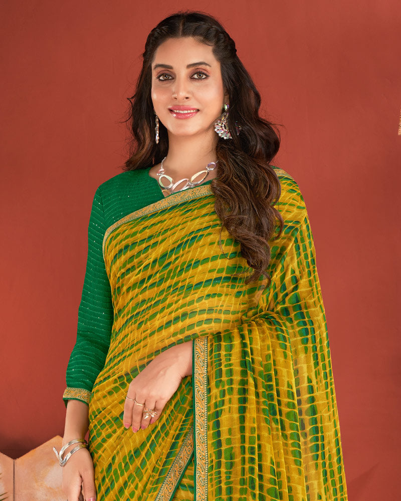 Vishal Prints Olive Green Printed Chiffon Saree With Zari Border