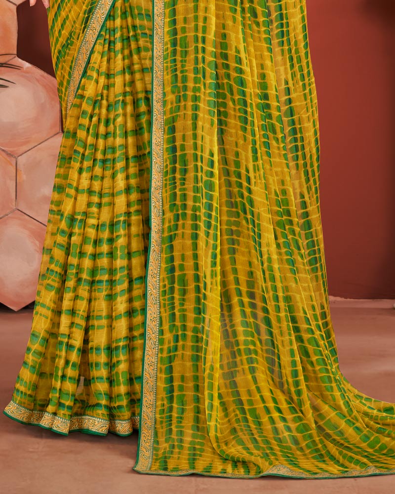 Vishal Prints Olive Green Printed Chiffon Saree With Zari Border