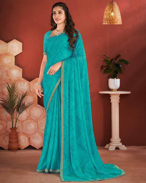 Vishal Prints Dark Turquoise Blue Printed Chiffon Saree With Zari Border