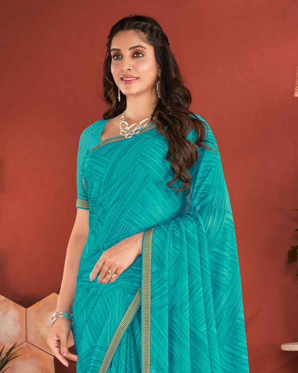 Vishal Prints Dark Turquoise Blue Printed Chiffon Saree With Zari Border